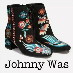 Johnny Was Black Suede Embroidered Wing & Floral Ankle Boots